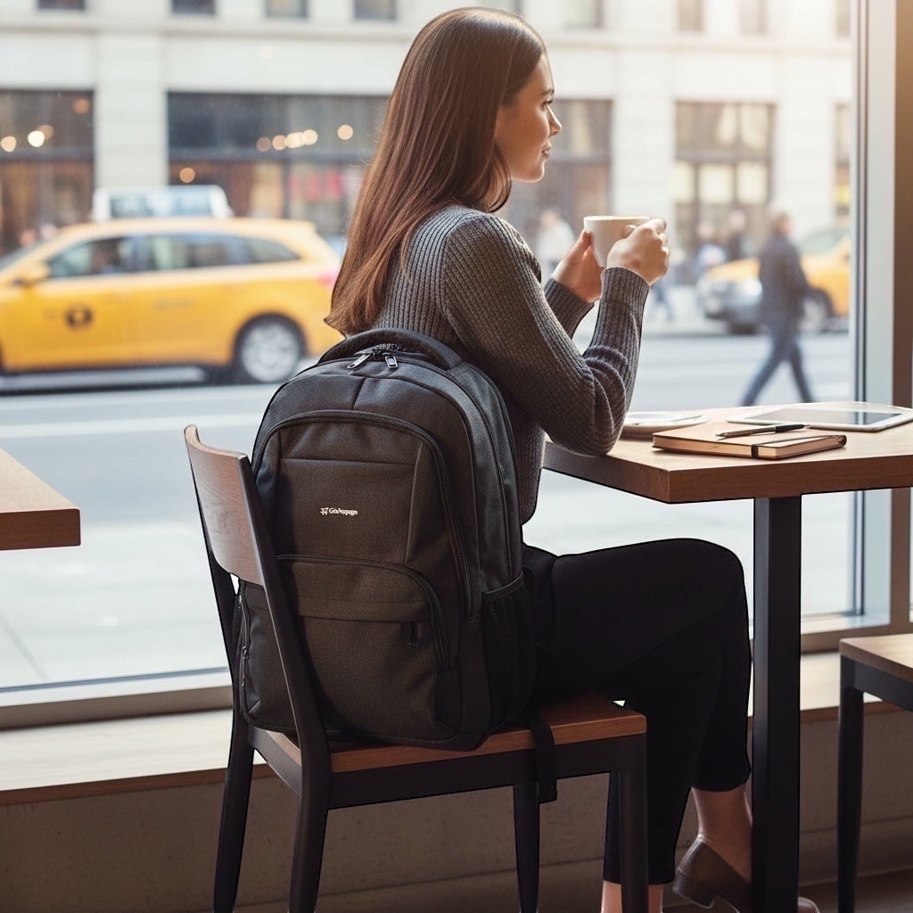 Woman sitting in a cafe wearing a charcoal black GLOVOYAGE™ TransitPro commuter backpack with a minimalist design.