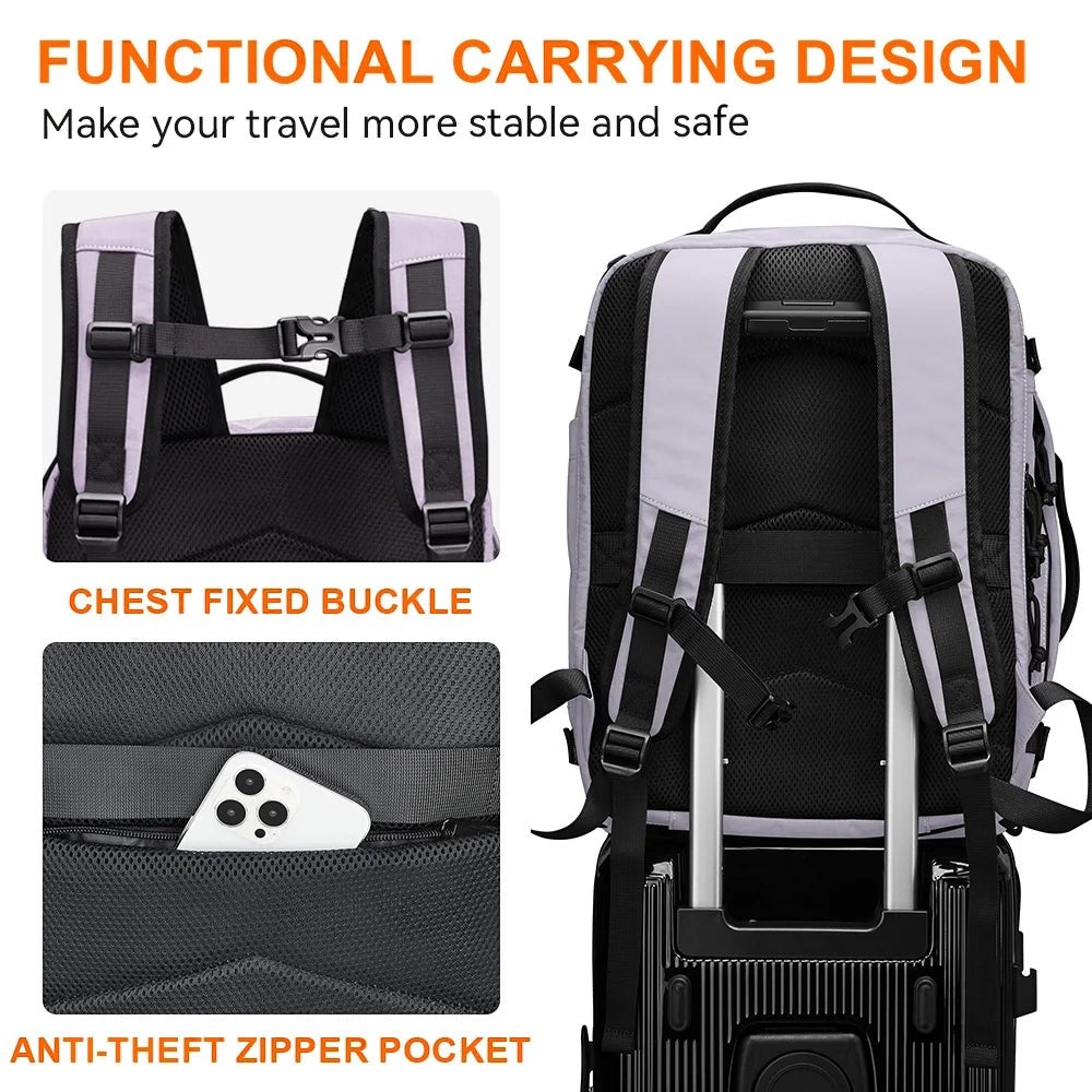 GLOVOYAGE™ travel backpack back view showing chest buckle, breathable padding, and anti-theft pocket on luggage handle.