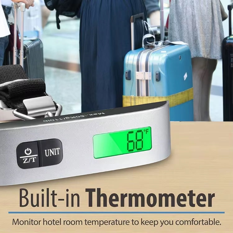 GLOVOYAGE™ Travel Weigh digital luggage scale with LCD screen displaying temperature in an airport setting