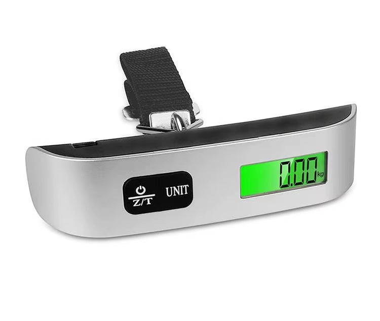 GLOVOYAGE™ Travel Weigh portable digital luggage scale with a silver finish, black strap, and green backlit LCD screen.