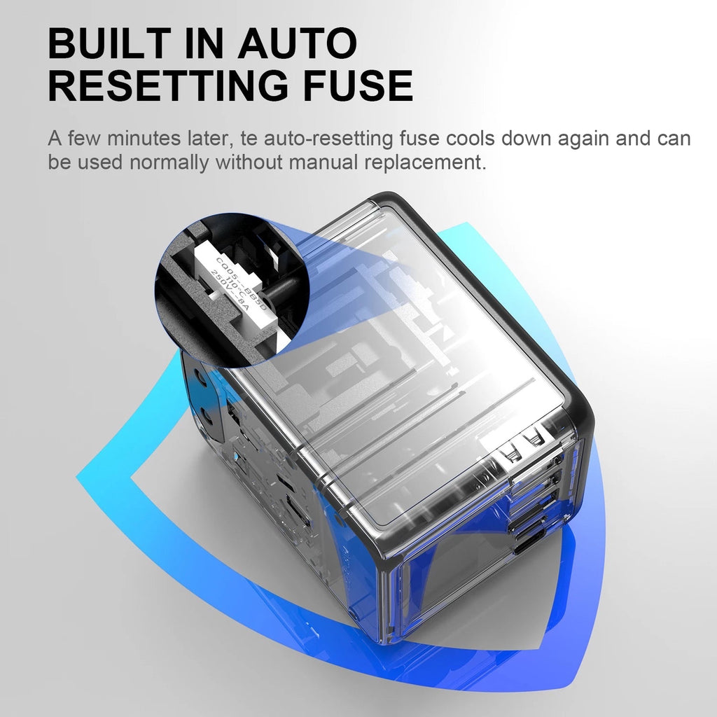 GLOVOYAGE™ 35W universal travel adapter featuring a built-in auto-resetting fuse for safe international charging