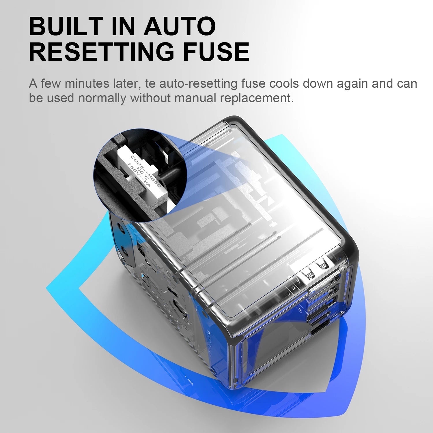 GLOVOYAGE™ 35W universal travel adapter featuring a built-in auto-resetting fuse for safe international charging
