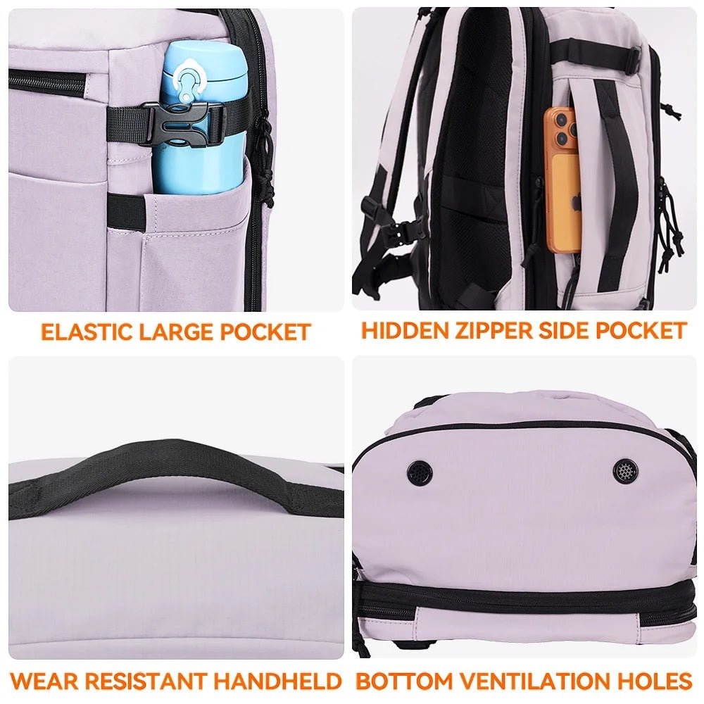 GLOVOYAGE™ water-resistant travel backpack features, showing elastic side pocket, hidden zipper, and base vents.